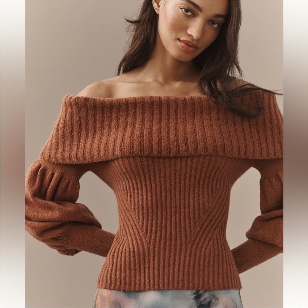 ANTHROPOLOGIE The Tessa Off The Shoulder Puff Sleeve Sweater Mauve NEW